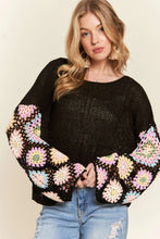 Load image into Gallery viewer, 4654-Multi Color Crochet Sleeve Loose Top-BLACK
