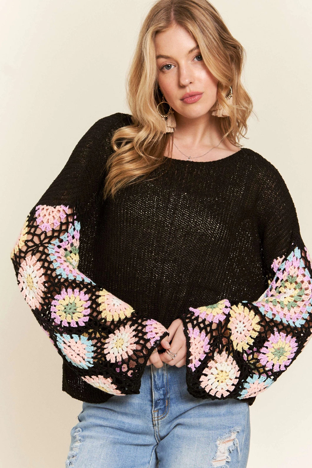 4654-Multi Color Crochet Sleeve Loose Top-BLACK