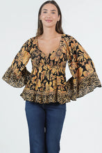 Load image into Gallery viewer, 6596- V Neck Smocked Bust Flare Sleeve Top-YELLOW
