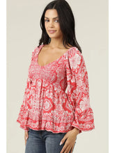 Load image into Gallery viewer, 5825-Neck Smocked Bust Wide Sleeve Printed Top-red

