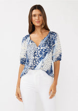Load image into Gallery viewer, 5192-Short Puff Sleeve V-Split Neck Top with Lace Trim-BLUE
