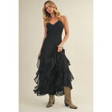 Load image into Gallery viewer, 6310- Lace V-Neck Cascading Ruffle Dress-BLACK
