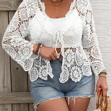 Load image into Gallery viewer, 6179- Boho Crochet Lace Cutout CARDIGAN-WHITE
