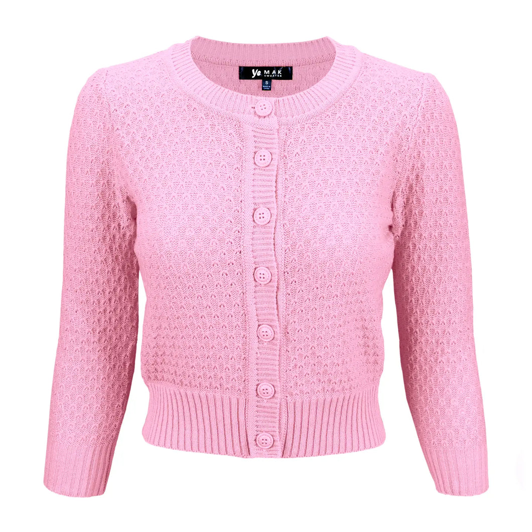 4953-3/4 Sleeve Crewneck Knit Cropped Cardigan Sweater -PINK