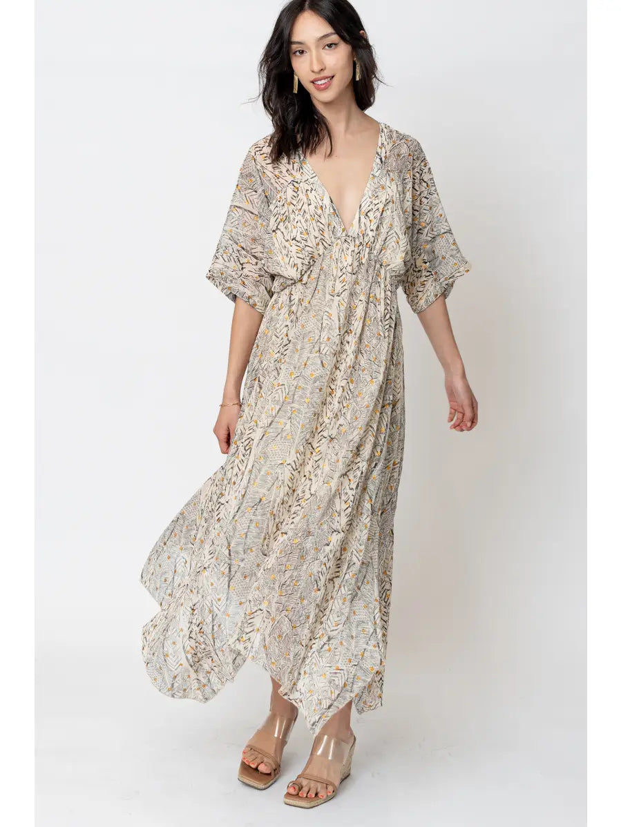 4142-Printed Kimono Sleeve Midi Dress- BEIGE/BLACK