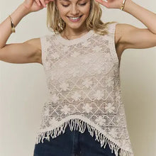 Load image into Gallery viewer, 6334- Asymmetrical Fringe Hem Crochet Top- BEIGE
