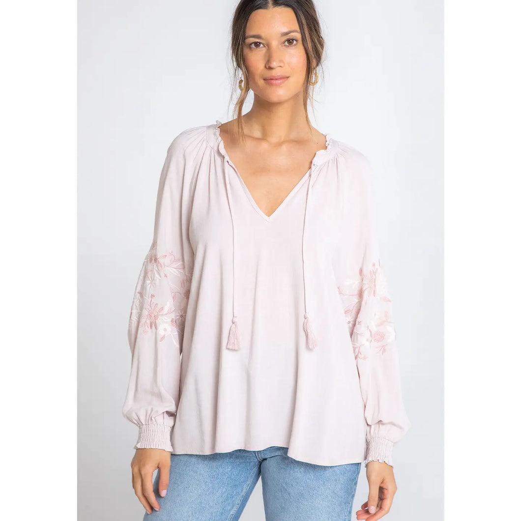 4949-Long Sleeve Linen Embroidered Peasant Top-BLUSH ROSE