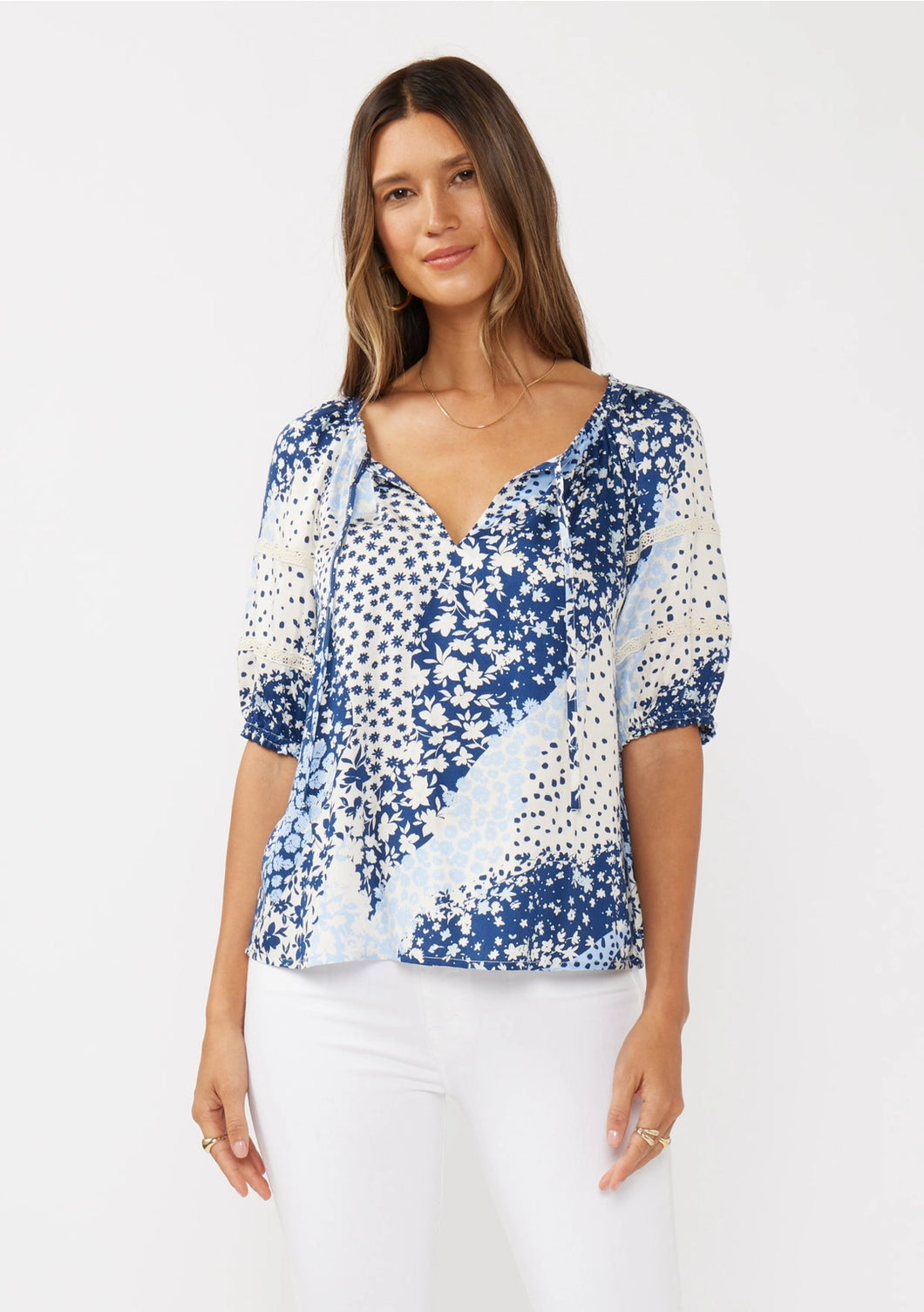 5192-Short Puff Sleeve V-Split Neck Top with Lace Trim-BLUE