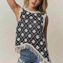 Load image into Gallery viewer, 6255- Asymmetrical Fringe Hem Crochet Top- BLACK
