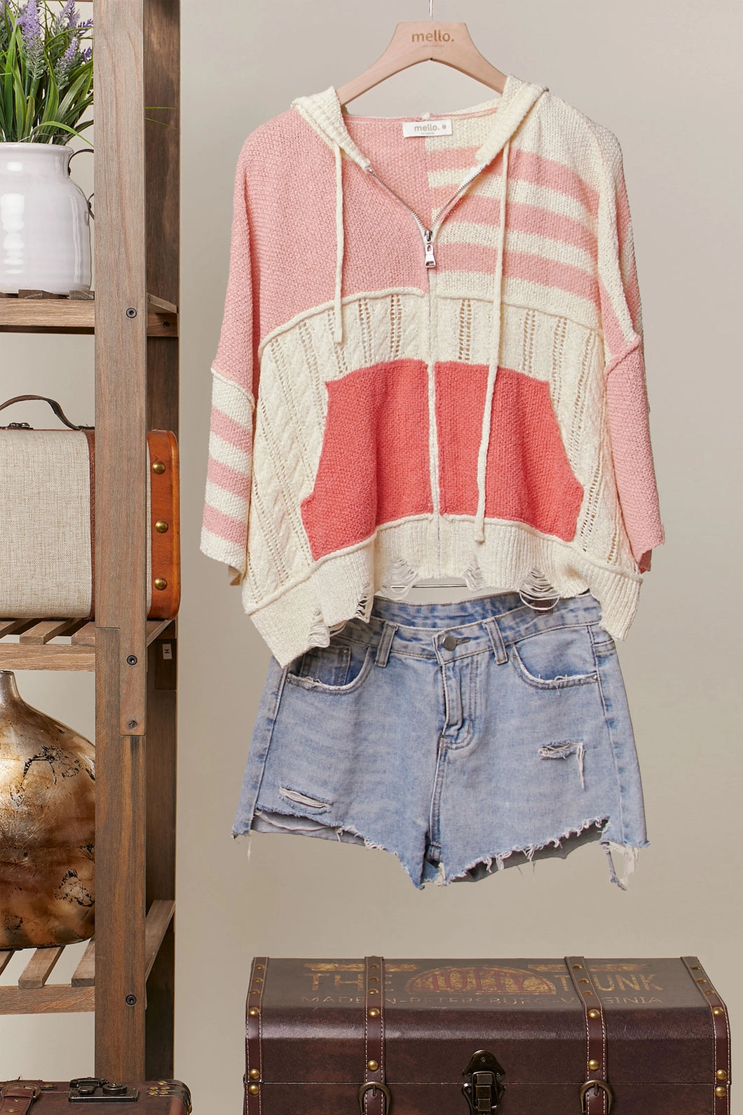 5349-Stripe Distressed Knit Hoodie-CORAL