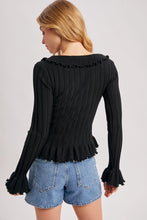 Load image into Gallery viewer, 6714- V-Neck Ruffle Trim Ribbed Knit Top-BLACK
