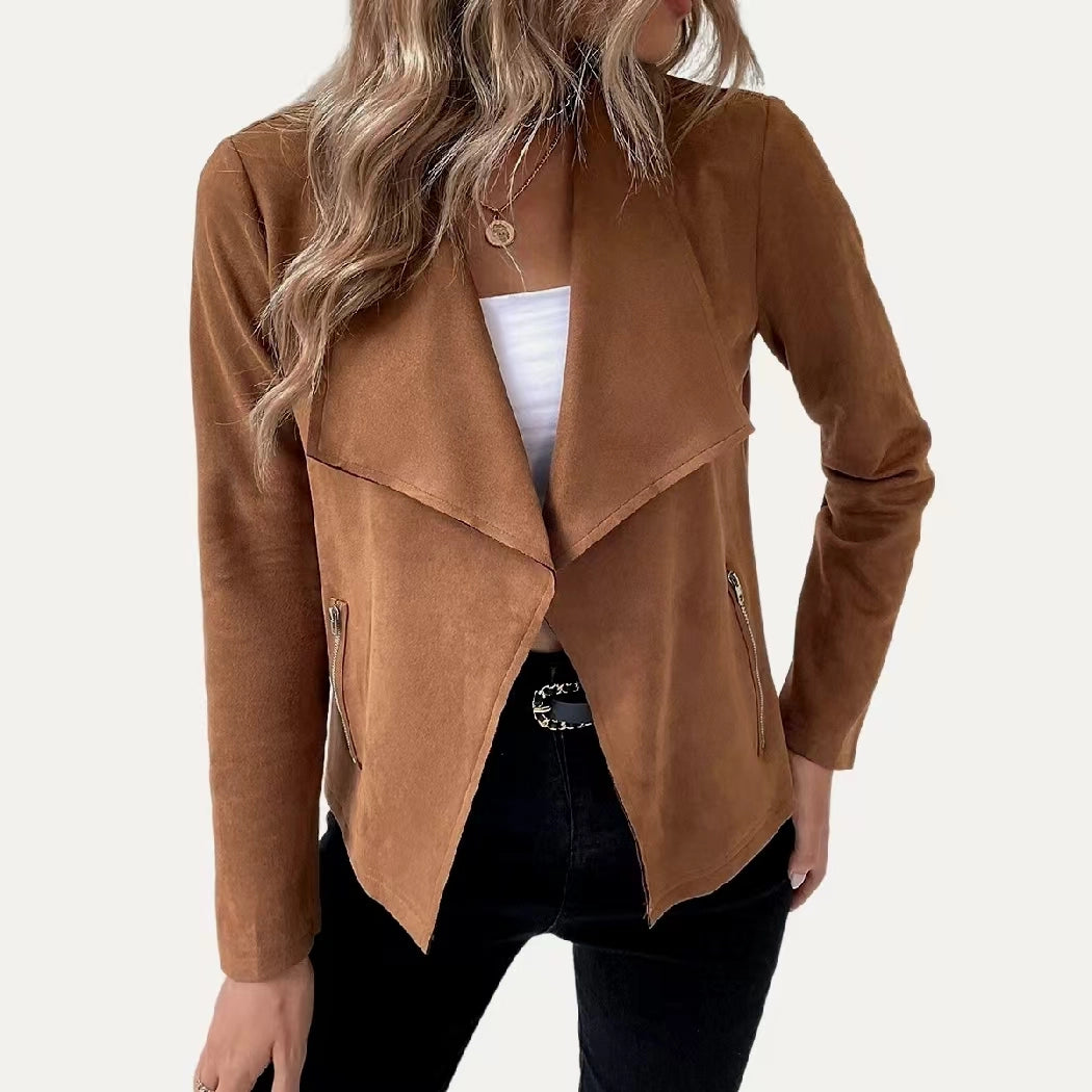 5510- Collared Vegan Suede Long Sleeve Jacket-BROWN