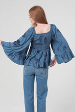 Load image into Gallery viewer, 5444- V Neck Smocked Bust Wide Bell Sleeve Top-BLUE
