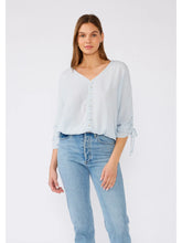 Load image into Gallery viewer, 5084-Metallic Stripe Ruched Sleeve Button Front Blouse-BLUE
