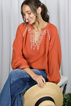 Load image into Gallery viewer, 6567- Paisley Embroidered V-Neck Cotton Gauze Blouse -RUST
