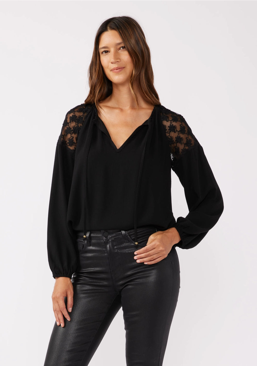 5438-Embroidered Mesh Long Sleeve Tie Neck Blouse-BLACK