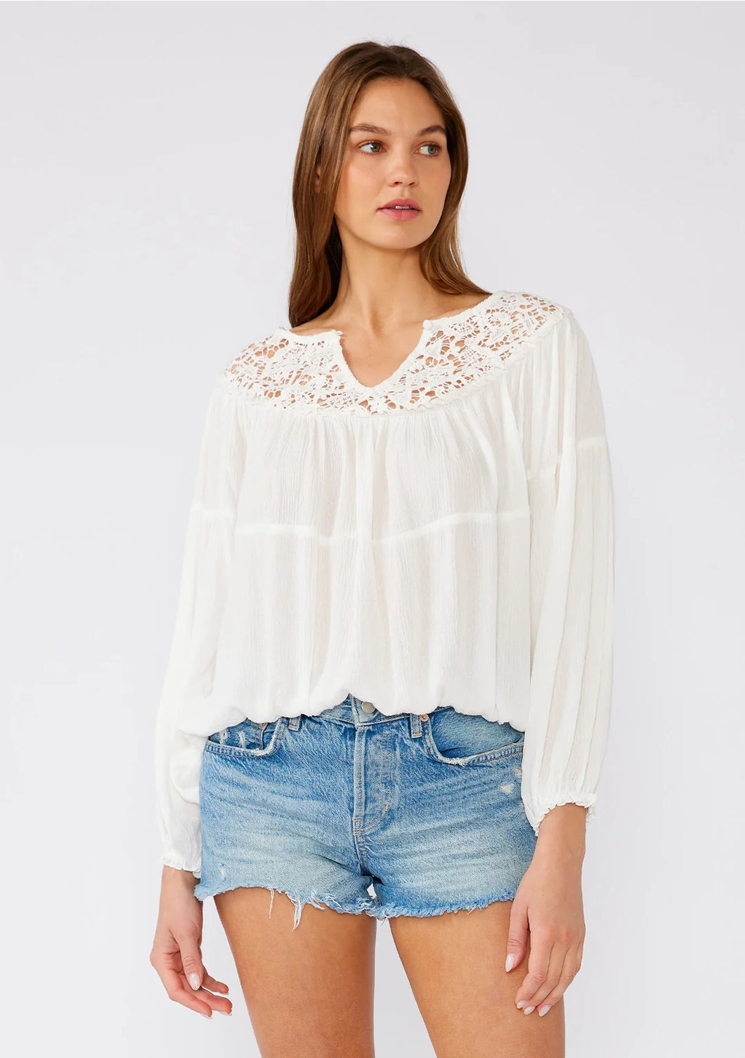 4258-Billowy Long Sleeve Crochet Bib Blouse-WHITE
