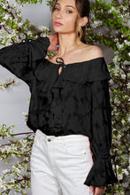 Load image into Gallery viewer, 5940-Ruffled Off-The-Shoulder Floral Jacquard Blouse -BLACK
