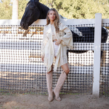 Load image into Gallery viewer, 5951-Western Boho Chic: Embroidered Denim Long Shrug
