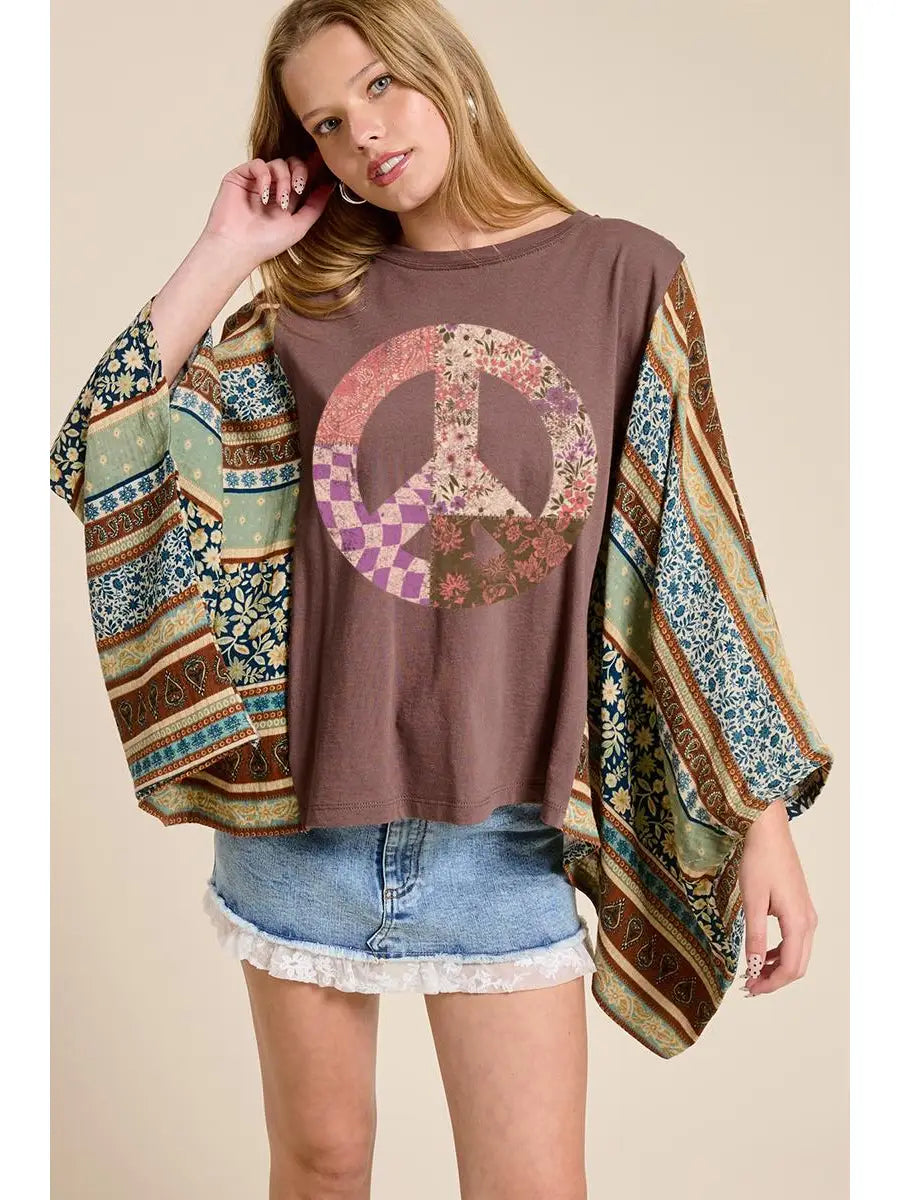 5528-Boho Peace Vintage Graphic Boho Poncho Top-BROWN
