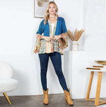 Load image into Gallery viewer, 6039- Western Boho Lace &amp; Denim Patchwork Kimono Top
