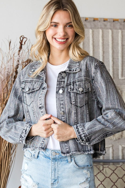 5354-Stripe Rhinestone Distressed Color Denim Jacket-BLACK