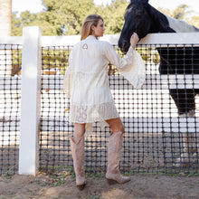 Load image into Gallery viewer, 5951-Western Boho Chic: Embroidered Denim Long Shrug
