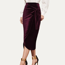 Load image into Gallery viewer, 5678-Burgundy Velvet Tie-Front Tulip Midi Skirt
