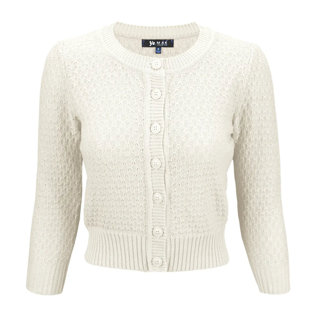 4951-3/4 Sleeve Crewneck Knit Cropped Cardigan Sweater -IVORY