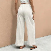 Load image into Gallery viewer, 6112- Textured Wide Leg Pants Lace Hem Casual Pants-WHITE
