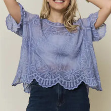 Load image into Gallery viewer, 6257- Eyelet Embroidered Sheer Scalloped Blouse- BLUE
