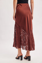 Load image into Gallery viewer, 6368- Romantic Satin Lace Trimmed Split Midi Skirt-BROWN/MAROON
