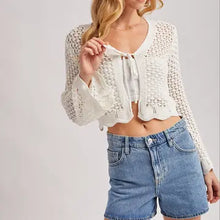 Load image into Gallery viewer, 6124- Open Knit Crochet Front-Tie Cropped Cardigan -IVORY
