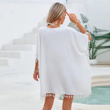 Load image into Gallery viewer, 6118-Crochet Fringe Beach Cover Up Kimono Poncho-WHITE
