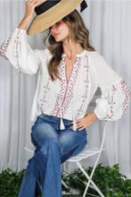 Load image into Gallery viewer, 6342- Bohemian Embroidered Split Neck Cotton Blouse -BURG
