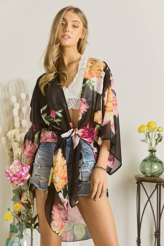 3439-CHIFFON FLORAL KIMONO CARDIGAN-BLACK