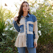 Load image into Gallery viewer, 5887-Mixed Media Spliced Denim Shirt with Seersucker
