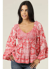 Load image into Gallery viewer, 5825-Neck Smocked Bust Wide Sleeve Printed Top-red
