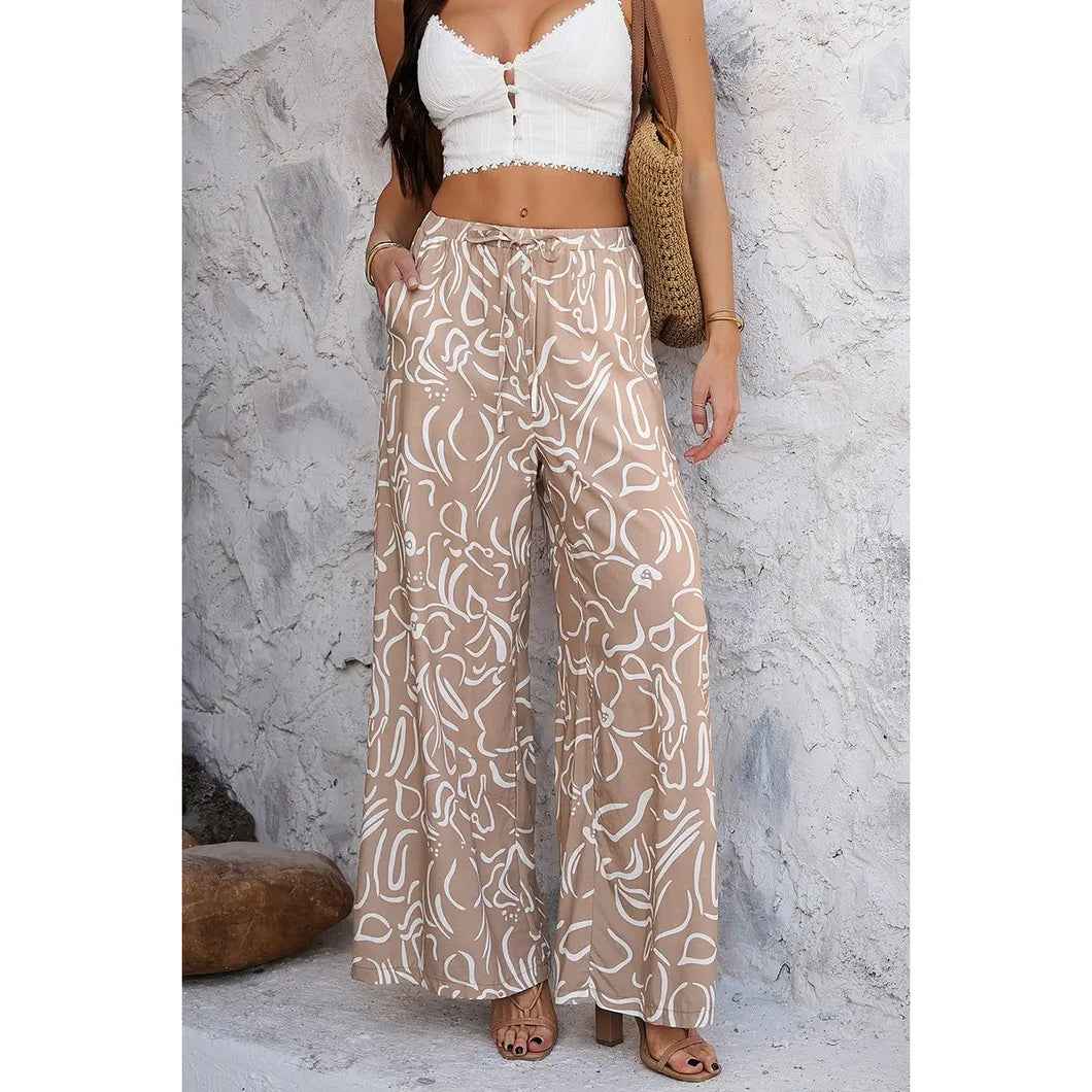 5128-Allover Print Drawstring Pockets Wide Leg Pants-KHAKI