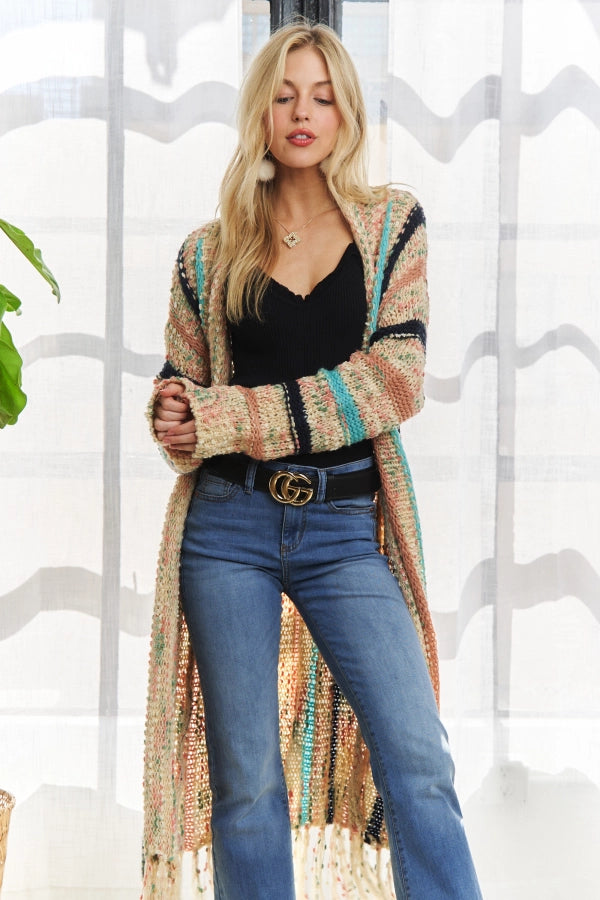 4771-FRINGE HEM MULTI STRIPE CARDIGAN-IVORY