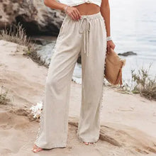 Load image into Gallery viewer, 6113- Women Drawstring Side Detail Wide Leg Beach Pants-KHAKI
