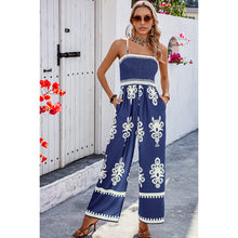 Load image into Gallery viewer, 4414-Off Shoulder Ruched Printed Jumpsuit -NAVY
