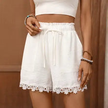 Load image into Gallery viewer, 6111- Lace Trim Viscose Shorts Boho Drawstring High Waist-WHITE
