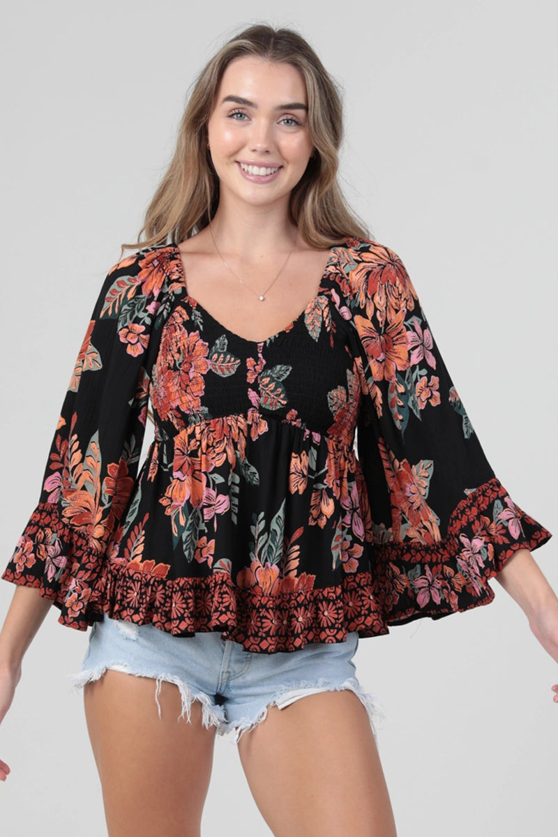 5442-V Neck Smocked Bust Wide Bell Sleeve Top