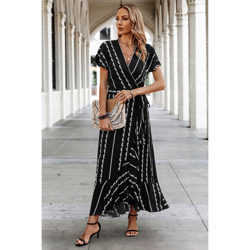 4614-Strip Knot Belt Split V Neck Hem Ruffle Fit Dress