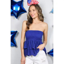 Load image into Gallery viewer, 6196- Scalloped Eyelet Lace Ruffle Detail Smocked Tube Top -BLUE
