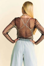Load image into Gallery viewer, 5525-Bead and Pearl Embellished Long Sleeves Mesh Top-BLACK
