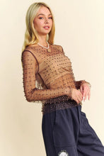 Load image into Gallery viewer, 5526-Bead and Pearl Embellished Long Sleeves Mesh Top-BROWN
