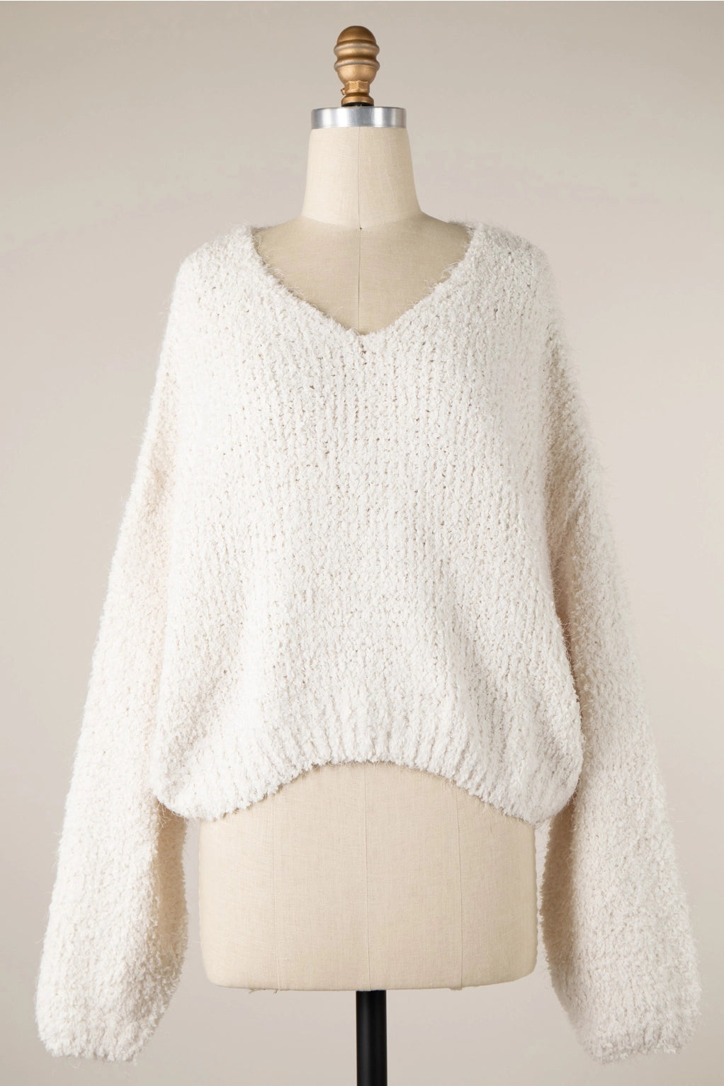 4719-Fluffy V Neck Cropped Sweater-IVORY