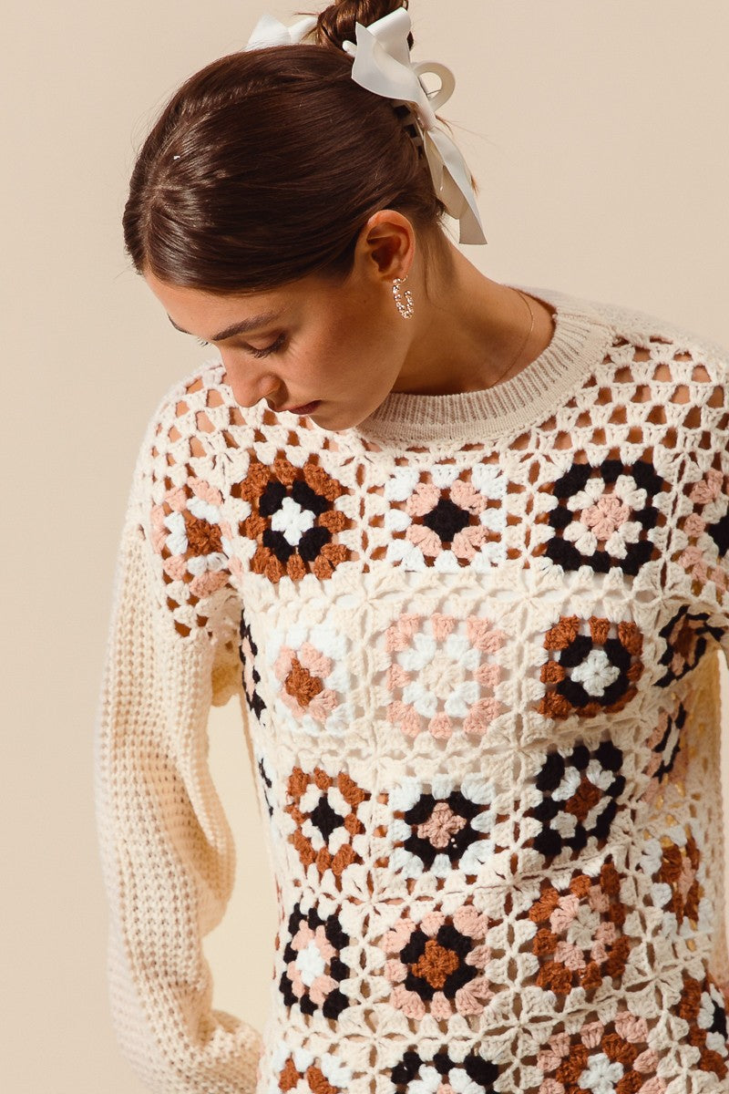 4906-GRANNY SQUARE CROCHET SWEATER TOP